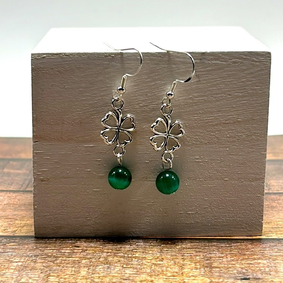 Handmade Sterling Silver Lucky Clover Earrings with Green Cat Eye Stones! - Picture 2 of 5